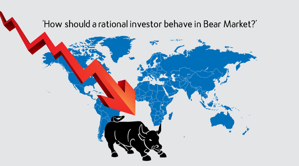 bull under a declining stock arrow in front of a world map